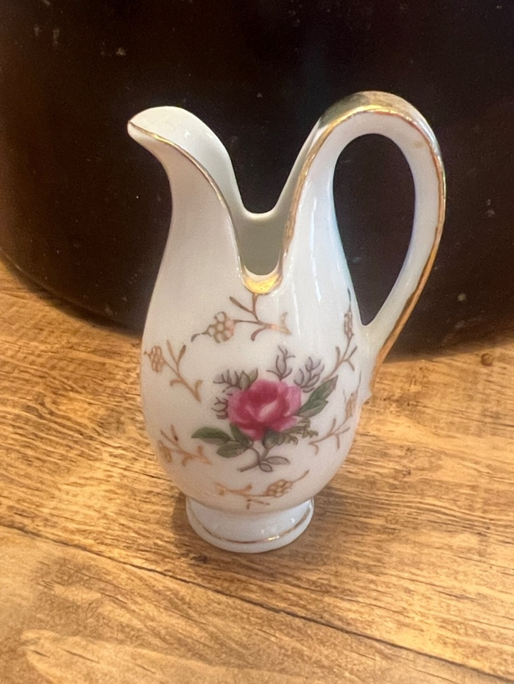 Vintage White Porcelain Mini Creamer with Pink Rose and Gold Trim
